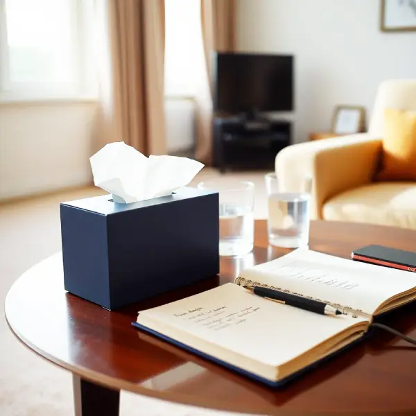 Boîte de mouchoirs, carnet de notes et verre d’eau sur une table, symbolisant la préparation et le confort avant une séance de neuroénergétique