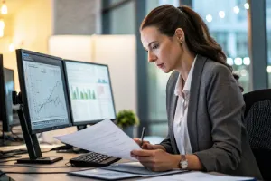 Dirigeante concentree sur son ordinateur avec des graphiques montrant confiance et efficacite. 1