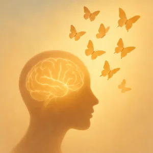 Silhouette humaine avec cerveau lumineux et papillons, symbolisant la libération des blocages inconscients et la transformation intérieure