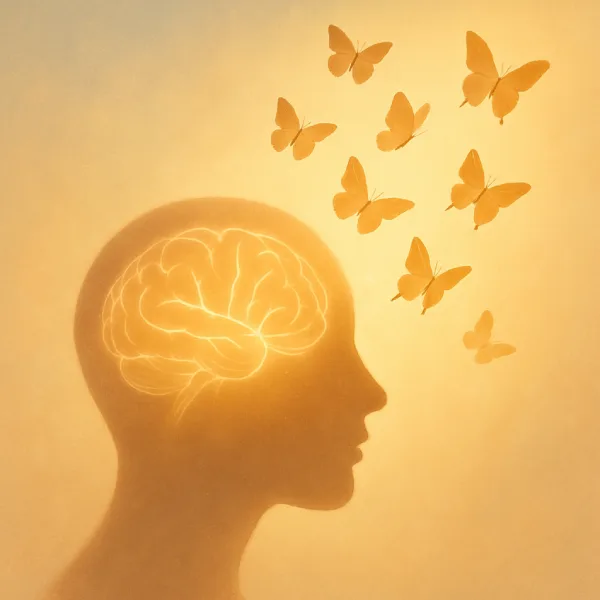 Silhouette dorée avec cerveau lumineux et papillons, symbole de libération émotionnelle et transformation intérieure.