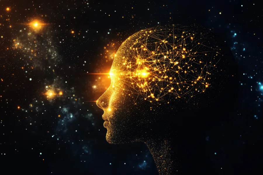 Les Neurosciences 12 Profil humain lumineux avec réseau neuronal doré, symbolisant neurosciences et reprogrammation énergétique