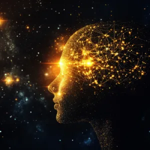 Les Neurosciences 14 Profil humain lumineux avec réseau neuronal doré, symbolisant neurosciences et reprogrammation énergétique