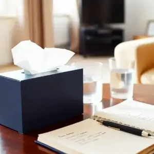 Boîte de mouchoirs, carnet de notes et verre d’eau sur une table, symbolisant la préparation et le confort avant une séance de neuroénergétique
