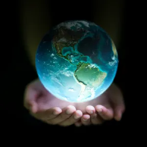 La Terre dans une main, symbole d’un accompagnement énergétique et quantique sans limite de distance.