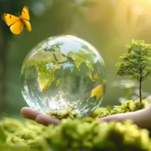 Ma méthode 11 Main tenant une sphère transparente représentant la Terre avec un papillon et un arbre, symbole de soins énergétiques à distance
