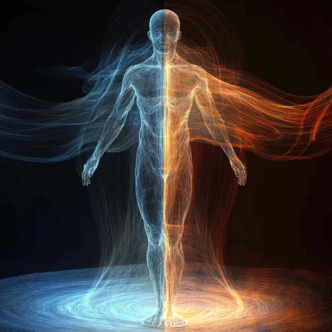 Silhouette humaine lumineuse représentant l’énergie subtile, le soin vibratoire et la physique quantique.