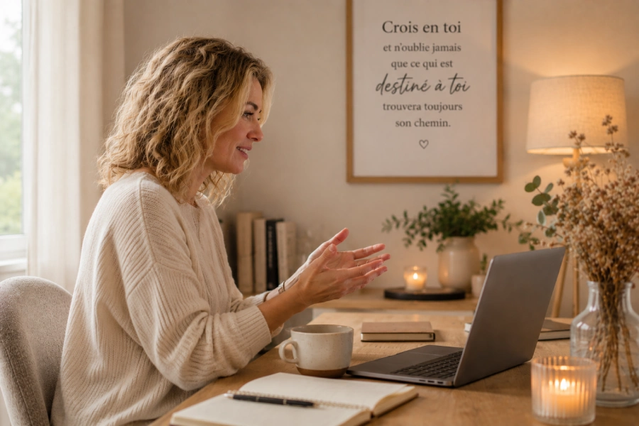 Femme en séance de coaching en ligne pour développer la confiance en soi, l'estime de soi et la clarté mentale.