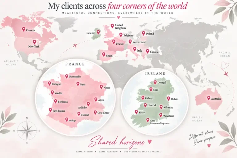 Map showing Nadège Augereau’s online coaching clients in Ireland, France and around the world